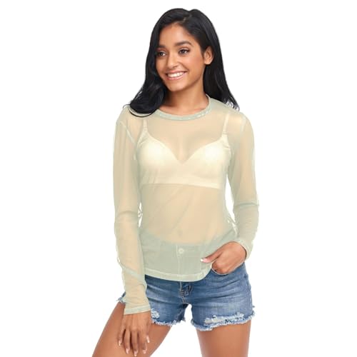 Lemon Chiffon Women's Long Sleeve See Through Mesh Sheer Top